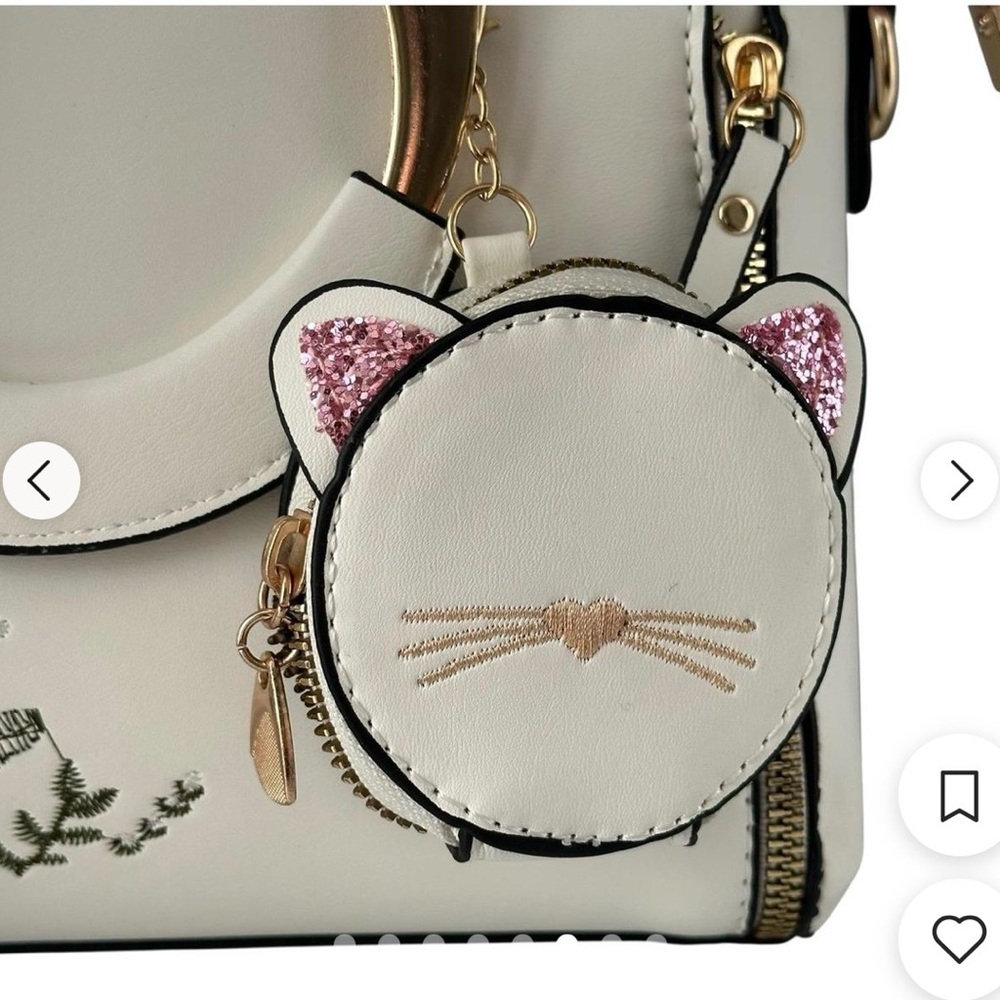 Cream Floral Embroidered Structured Satchel Crossbody Bag Cat Coin Purse Charm - Picture 11 of 15